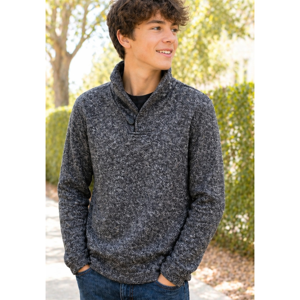 Old Navy Boys XL 14-16 Husky Fleece Pullover Sweater Gray Shawl Neck Cozy Warm